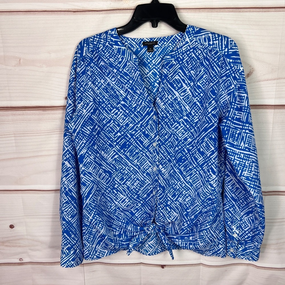 Ann Taylor Top Women M Blue White Printed Blouse Button Up Tie Waist Long Sleeve